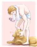  adam_deu29 blonde_hair bottle boxers dog heart highres john_(tiger_&amp;_bunny) keith_goodman male playing short_hair solo tiger_&amp;_bunny towel underwear 