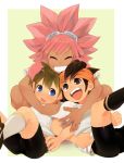  bike_shorts blue_eyes brown_eyes brown_hair bulge closed_eyes dark_skin endou_mamoru eyes_closed goggles group_hug headband highres hug inazuma_eleven inazuma_eleven_(series) male multiple_boys open_mouth pink_hair shiogochi short_hair smile spandex tachimukai_yuuki trap tsunami_jousuke 