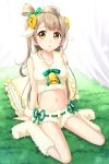  1girl animal_costume animal_ears bell blush brown_hair dated highres kneehighs long_hair looking_at_viewer love_live!_school_idol_project midriff minami_kotori navel parted_lips sheep_costume sheep_ears sitting solo tucana wariza yellow_eyes 