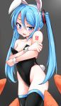  1girl absurdres animal_ears blue_eyes blue_hair blush bunny_girl bunny_tail bunnysuit carrot crossed_arms hatsune_miku highres leotard long_hair rabbit_ears solo sweat tail tattoo tonbo_(11023) twintails vocaloid wrist_cuffs 