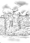  alternate_costume arm_up bag blush camisole casual closed_eyes digital_media_player eila_ilmatar_juutilainen eyes_closed hand_holding hand_over_mouth headphones holding_hands long_hair masana_hatuse midriff monochrome multiple_girls navel open_mouth sandals sanya_v_litvyak short_hair shorts strike_witches yawning 