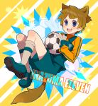  animal_ears bad_id ball blue_eyes blush brown_hair dog_ears dog_tail english gloves goalkeeper inazuma_eleven inazuma_eleven_(series) male open_mouth raimon short_hair smile soccer_ball soccer_uniform solo tachimukai_yuuki tail 