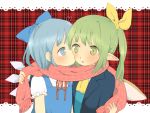  blue_eyes blue_hair blush bow cirno daiyousei green_eyes green_hair hair_bow heart ice_wings kiss nazochoco pointy_ears ribbon scarf shared_scarf sharing short_hair side_ponytail touhou wings yuri 