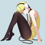  arm_support black_legwear blonde_hair blue_eyes f-cla feet gym_leader headphone_cords headphones kamitsure_(pokemon) legs no_bra no_shoes pantyhose pokemon pokemon_(game) pokemon_black_and_white pokemon_bw short_hair simple_background sitting solo thighs 