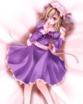  blonde_hair blush dress hand_on_own_face hand_to_face hat highres maribel_hearn open_mouth purple_dress purple_eyes s-syogo sash solo touhou violet_eyes 