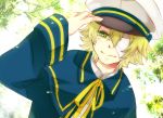  bandage bandage_over_one_eye bandages blonde_hair eyepatch green_eyes hat kokehito male oliver oliver_(vocaloid) one_eye_covered sailor sailor_hat short_hair smile solo tree vocaloid 
