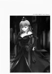  bare_shoulders breasts bridal_gauntlets check_translation cleavage dark_sakura dress fate/stay_night fate/tiger_colosseum fate_(series) hair_ribbon hat highres large_breasts long_hair matou_sakura mini_hat monochrome ribbon scan signature solo task_owner taskohna translated type-moon 