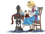  alice_margatroid apron blonde_hair blue_dress bow chair character_doll doll dress green_hair hair_over_eyes hairband kagiyama_hina mabui needle no_eyes red_dress ribbon sewing sewing_machine shanghai_doll smile solo touhou 