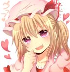  bad_id blonde_hair blush close-up fangs flandre_scarlet hand_on_own_face hand_to_face hat hat_ribbon head_tilt heart heart-shaped_pupils open_mouth pink_eyes ribbon short_hair side_ponytail solo symbol-shaped_pupils the_embodiment_of_scarlet_devil touhou yamasuta 
