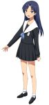  a1 blue_hair idolmaster kisaragi_chihaya legs loafers long_hair looking_at_viewer name_tag pleated_skirt school_uniform serafuku shoes simple_background skirt smile solo standing white_background 