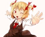  alternate_hairstyle ayagi_daifuku blonde_hair blush hair_ribbon heart open_mouth outstretched_arms red_eyes ribbon rumia shirt short_hair skirt skirt_set solo the_embodiment_of_scarlet_devil touhou twintails vest wink youkai 