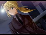  ahoge androgynous bad_id blonde_hair dutch_angle fate/stay_night fate/zero fate_(series) formal green_eyes letterboxed long_hair necktie pant_suit ponytail reverse_trap saber suit tomboy yashano_akira 