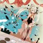  animal_ears bad_id bunny_ears checkered checkered_legwear dice fish green_eyes green_hair hatsune_miku highres itamidome leotard long_hair mouth_hold pigeon-toed pigeon_toed solo thigh-highs thighhighs twintails unmoving_pattern very_long_hair vocaloid 