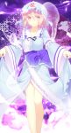  bad_id bare_legs breasts cherry_blossoms fan folding_fan ghost goshoguruma hat hexagon highres hitodama hitohira_(shiroringo48) japanese_clothes legs obi petals pink_eyes pink_hair saigyouji_yuyuko saigyouji_yuyuko's_fan_design shippou_(pattern) short_hair smile solo touhou triangular_headpiece 