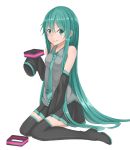  alternate_hairstyle boots detached_sleeves green_eyes green_hair hair_down hatsune_miku long_hair necktie simple_background sitting skirt sleeves_past_wrists smile solo thigh-highs thigh_boots thighhighs very_long_hair vocaloid willgoon 