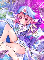  bare_legs breasts butterfly fan folding_fan ghost hat highres japanese_clothes legs obi pink_eyes pink_hair saigyouji_yuyuko short_hair sitting smile solo soulhunter_en touhou triangular_headpiece 