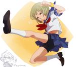  blonde_hair eckzahn green_eyes huang_baoling ivan_karelin kicking navel pleated_skirt school_uniform serafuku short_hair shorts_under_skirt skirt solo tiger_&amp;_bunny 