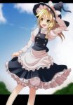  apron black_dress blonde_hair bloomers blue_sky braid cloud dress hair_ribbon hand_on_hat hat hat_ribbon highres kirisame_marisa letterboxed open_mouth ribbon s-syogo sky slip_skirt smile solo touhou witch witch_hat yellow_eyes 