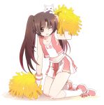  animal_on_head blush brown_eyes brown_hair cat cat_on_head cheerleader crossdressinging little_busters!! long_hair midriff naoe_riki navel open_mouth plaid plaid_skirt pom_poms skirt trap twintails wink 