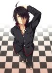  araragi_koyomi bakemonogatari black_hair checkered checkered_floor hair_over_one_eye kouji_(campus_life) male monogatari_(series) perspective school_uniform short_hair solo 