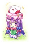  \o/ akishisu_(air_balance) arms_up blush_stickers book chibi closed_eyes crescent crossover eyes_closed hat holding holding_book kirby kirby_(series) on_head open_book open_mouth outstretched_arms patchouli_knowledge purple_eyes purple_hair reading sitting smile solo touhou violet_eyes white_skin 