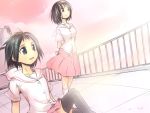  arms_behind_back black_eyes black_hair blue_eyes blue_hair cloud ds_(artist) hair_ornament hairclip ikeda_kana multiple_girls open_mouth railing saki school_uniform short_hair skirt sky smile touyoko_momoko 