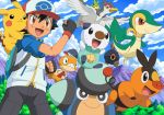  1boy backpack bag baseball_cap black_hair blue_sky brown_eyes character_request child cloud fingerless_gloves forest gloves hat male nature open_mouth oshawott palpitoad pikachu pokemoa pokemon pokemon_(anime) pokemon_(creature) pokemon_(game) pokemon_bw randoseru roggenrola satoshi_(pokemon) scraggy sky smile snivy solo swadloon tepig tranquill 