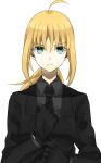  ahoge black_gloves blonde_hair fate/stay_night fate/zero fate_(series) formal gloves green_eyes highres jewelry long_hair necklace pant_suit ponytail saber solo suit tanuma_(tanuma916) 