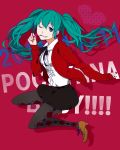  argyle argyle_legwear bad_id green_eyes green_hair grin hatsune_miku mouth_hold pantyhose pocky shuka_(55810) smile solo sweater twintails vocaloid wink 