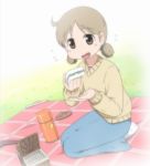  basket brown_eyes brown_hair instrument mitsu_(nicoseiga) nichijou ocarina picnic sakurai_izumi sandwich short_hair skirt smile solo thermos twintails 