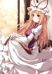  absurdres blonde_hair dress fal_maro fan folding_fan hat highres long_hair purple_eyes ribbon smile solo touhou violet_eyes yakumo_yukari 