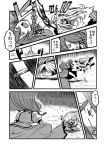  braid comic hat hong_meiling izayoi_sakuya jumping knife long_hair monochrome multiple_girls rain shirt skirt skirt_set slashing star throwing_knife touhou translated translation_request tsuki_wani twin_braids umbrella weapon 