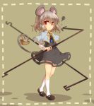  :&lt; animal_ears basket capelet dowsing_rod full_body gem grey_hair highres jewelry looking_at_viewer mary_janes miruki mouse mouse_ears mouse_tail nazrin necklace pendant red_eyes shirt shoes short_hair simple_background skirt skirt_set solo squiggle standing tail touhou 