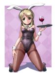  1girl alcohol animal_ears ascot blonde_hair bunnysuit detached_collar green_eyes highres kneeling long_hair original pantyhose rabbit_ears tray wine wineglass wrist_cuffs you_naka 