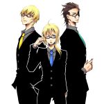  bespectacled black_hair blonde_hair earrings fate/stay_night fate/zero fate_(series) formal gilgamesh glasses jewelry lancer_(fate/zero) mole necktie pant_suit ponytail saber shikashikanoko smile suit wink 