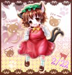  &gt;_&lt; 1girl animal_ears border bow brown_hair cat cat_ears cat_tail chen dated fang fingers_to_cheeks frilled_skirt frills gradient gradient_background jewelry lace_border looking_at_viewer mob_cap multiple_tails nyan open_mouth outline paw_print polka_dot polka_dot_background red_eyes short_hair single_earring skirt skirt_set solo tail touhou tsukiori_sasa zoom_layer 