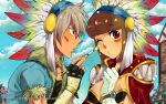  1girl alternate_color aqua_background brown_eyes brown_hair cloud couple creator feathers fingerless_gloves fur gloves hat headdress highres native_american native_american_headdress paint paintbrush ragnarok_online sky stalker tribal wallpaper warbonnet white_gloves wink 