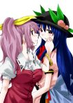  blue_hair blush bracelet food fruit hair_ribbon hat hinanawi_tenshi jewelry lavender_hair long_hair multiple_girls peach ponytail red_eyes ribbon smile touhou unya watatsuki_no_yorihime 