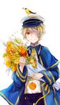  bandage bandage_over_one_eye bird blonde_hair bouquet eyepatch flower hat highres male oliver_(vocaloid) one_eye_covered sailor sailor_hat short_hair simple_background smile solo tree vocaloid yellow_eyes 