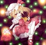  ascot blonde_hair cross flandre_scarlet hat inoichi laevatein mari_audio mary_janes no_wings red_eyes shoes short_hair side_ponytail slit_pupils solo the_embodiment_of_scarlet_devil touhou 