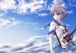  character_name cloudy_sky gibson guitar highres iga instrument nagato_yuki purple_hair school_uniform serafuku short_hair solo suzumiya_haruhi_no_yuuutsu title_drop yellow_eyes 