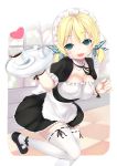  :d alternate_hairstyle apron blonde_hair boku_wa_tomodachi_ga_sukunai breasts butterfly_hair_ornament checkered checkered_floor cleavage detached_collar green_eyes hair_ornament heart kashiwazaki_sena maid maid_headdress mary_janes open_mouth shoes smile solo thigh-highs thighhighs tray twintails white_legwear zhuoyandesailaer 