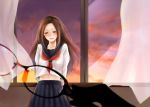  amamiya_tomoe bad_id blush brown_eyes brown_hair glasses kaburagi_tomoe long_hair mochi_mocchi pleated_skirt school_uniform serafuku skirt sunset tiger_&amp;_bunny window young 