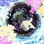  :o abe_kanari afloat bucket child feet floating flower footwear foreshortening green_eyes green_hair hair_bobbles hair_ornament in_bucket in_container japanese_clothes kisume off_shoulder petals socks soles solo touhou twintails water white_legwear 