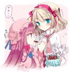  2girls alice_margatroid blonde_hair blue_eyes blush bow capelet chocolate cierra_(ra-bit) crescent hair_bow hair_ornament hairband hat hat_bow long_hair long_sleeves looking_at_another mob_cap multiple_girls necktie patchouli_knowledge pink_background profile purple_hair ribbon short_hair simple_background speech_bubble text touhou valentine violet_eyes 