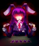  animal_ears breasts bunny_ears card card_in_mouth card_in_pocket cards daigada glowing glowing_eyes holding holding_card lying_card mouth_hold necktie playing_card poker red_eyes reisen_udongein_inaba solo touhou 