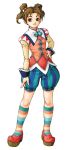  belle_(suikoden) brown_eyes brown_hair gensou_suikoden gensou_suikoden_iii hand_on_hip hips ishikawa_fumi official_art shoes short_hair shorts smile solo striped striped_legwear twintails vertical_stripes 