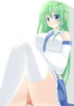  aoba_senkiri blue_eyes blush breasts detached_sleeves frog green_hair hair_ornament kochiya_sanae large_breasts necktie panties polka_dot polka_dot_panties sitting smile snake thigh-highs thighhighs touhou underwear white_legwear 