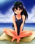  barefoot beach black_hair blue_eyes breasts cleavage fang feet ganaha_hibiki hair_ribbon highres idolmaster indian_style kaiga long_hair looking_at_viewer one-piece_swimsuit open_mouth ponytail ribbon school_swimsuit sitting smile solo swimsuit towel 