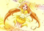 boots bubble_skirt chikuyama circlet cure_muse cure_muse_(yellow) dress jumping long_hair magical_girl musical_note precure shirabe_ako solo staff_(music) suite_precure yellow yellow_background yellow_dress 